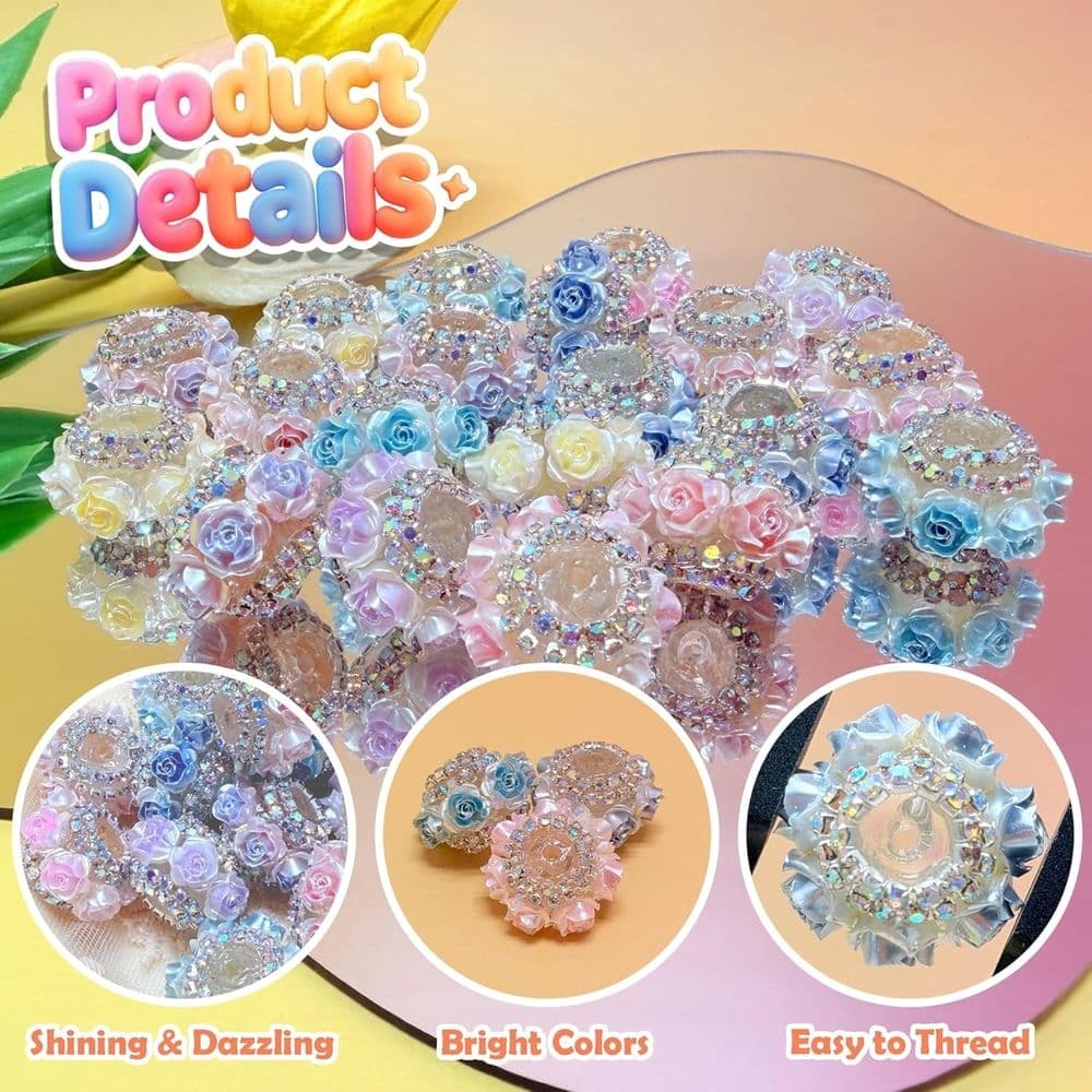 10 Piece Rhinestone Focal Beads for Pens 3D Rose Flower Design Multicolor