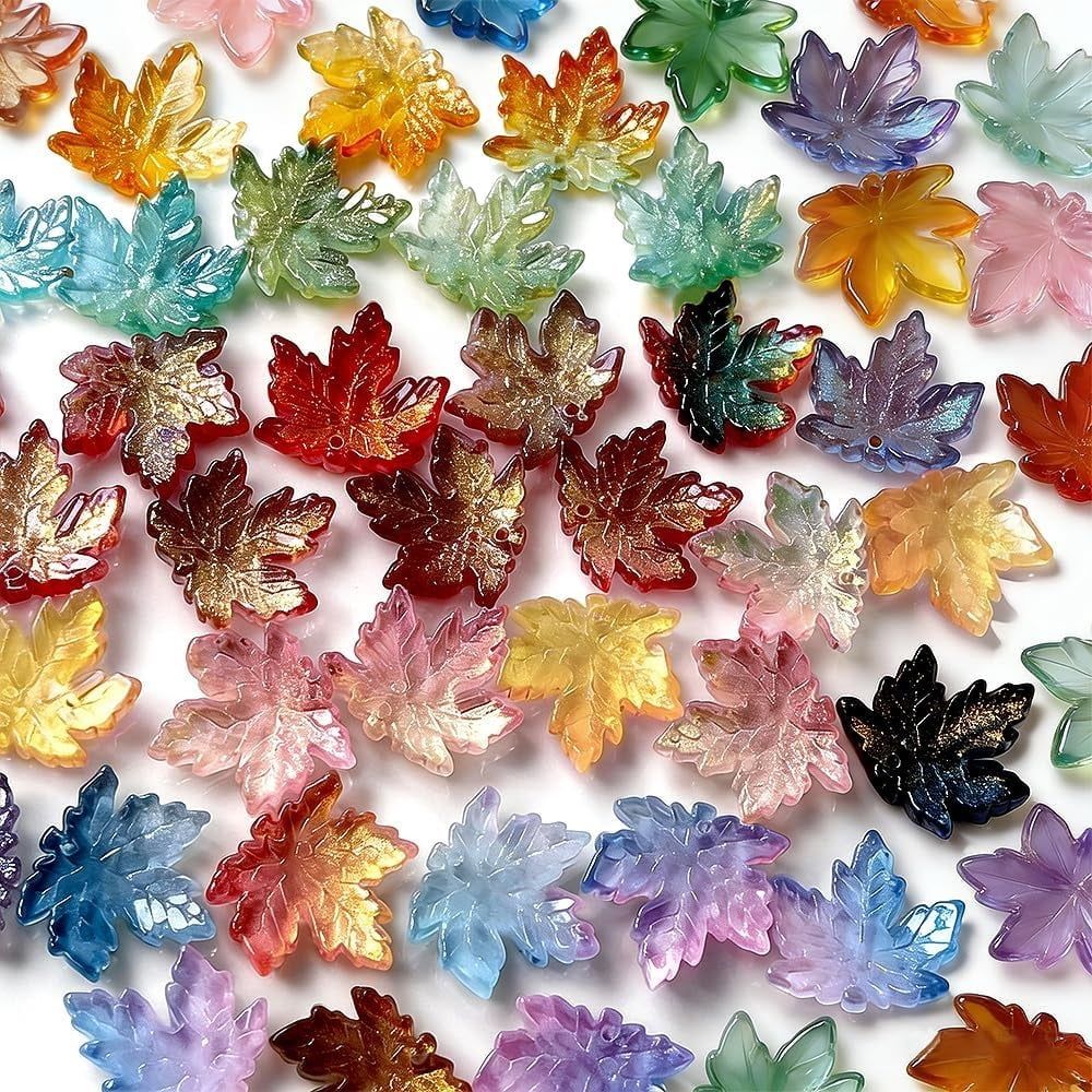 100Pcs Maple Leaf Colorful Glass Beads for Jewelry Making Maple Leafs Spacer Beads Bulk for Bracelets Crafts Mixed Colored Decorative Bead with Holes Unique Shaped Bead for Necklace Earring