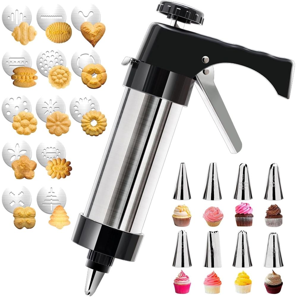 Cookie Press Gun Kit, Stainless Steel Cookie Press with 13 Discs & 8 Icing Piping Tips, Baking Cookie Maker, Icing Decorating Gun for Cookies Cakes Pastry Dessert Baking Decoration