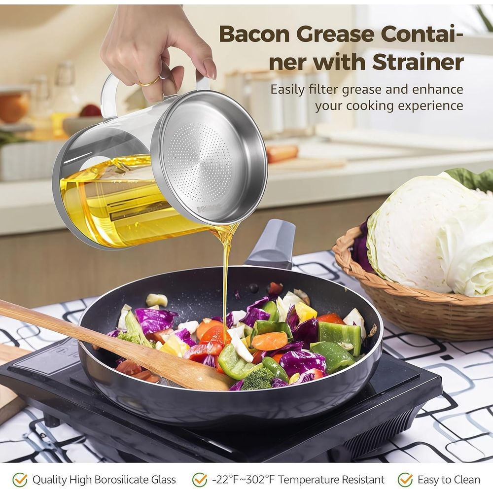 1.5L Bacon Grease Container with Strainer, Borosilicate Glass Oil Saver Jar with Stainless Steel Filter, Non-Slip Base Airtight Lid for Kitchen, Cooking Oil Storage & Bacon Drippings Keeper (50oz)