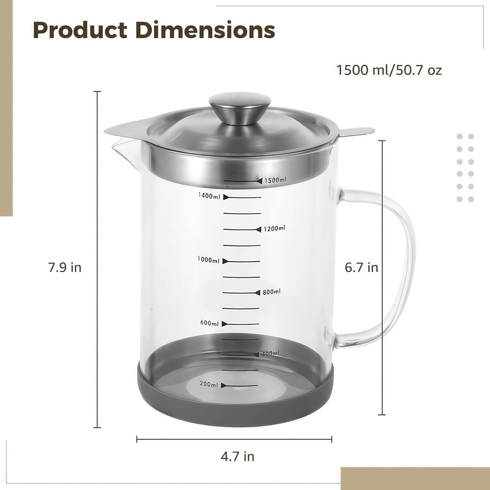 1.5L Bacon Grease Container with Strainer, Borosilicate Glass Oil Saver Jar with Stainless Steel Filter, Non-Slip Base Airtight Lid for Kitchen, Cooking Oil Storage & Bacon Drippings Keeper (50oz)