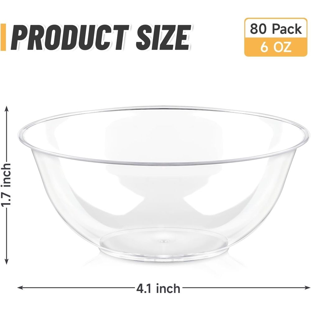 6 oz Mini Clear Plastic Bowls, 80 Pack Disposable Hard Plastic Salad Bowls Party Serving Bowls for Ice Creams, Fruit, Desserts, Parfaits, Snacks