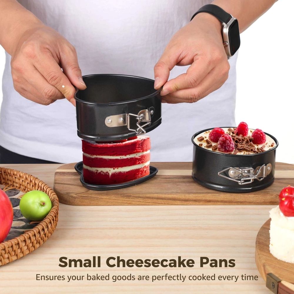 Small Cheesecake Pans, 8 Pcs Mini Springform Pans Set, 4 Inch Round and Heart Shaped Cake Molds, Non-Stick Carbon Steel, Removable Bottom