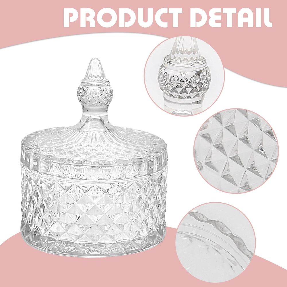 2 pieces Clear Glass Candy Storage Jar, Lidded Crystal Candy Dish, Elegant Food Container for Home and Office Desk