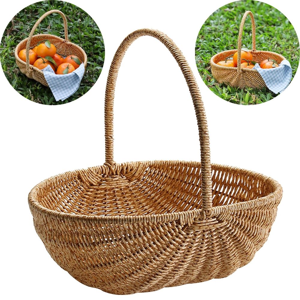 Rattan Basket with Handle, Woven Harvest Basket for Easter Picnic Fruit Flower Storage Organizing Vintage Style
