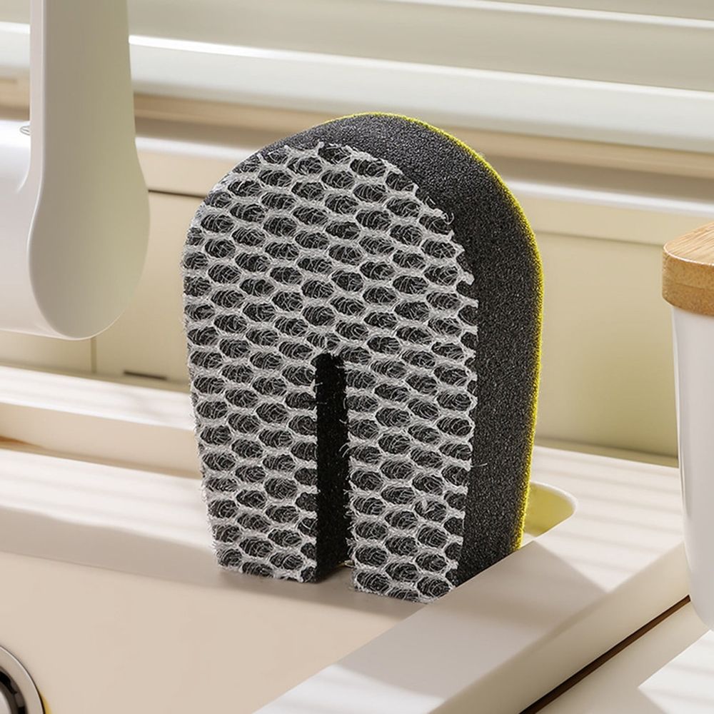 Grey+Yellow 10*7*2cm Cloth 一个海绵擦*2 New U Shaped Double Sponge Scrubber Reusable Dishwashing Sponges Suitable For Cups Pots And Pans Cleaning