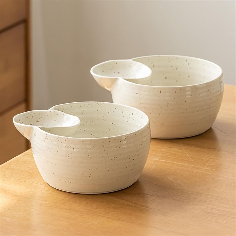 Beige Japanese-Style Divided Ceramic Bowl with Vinegar Dish, Creative Dumpling & Wonton Serving Bowl (1pc)