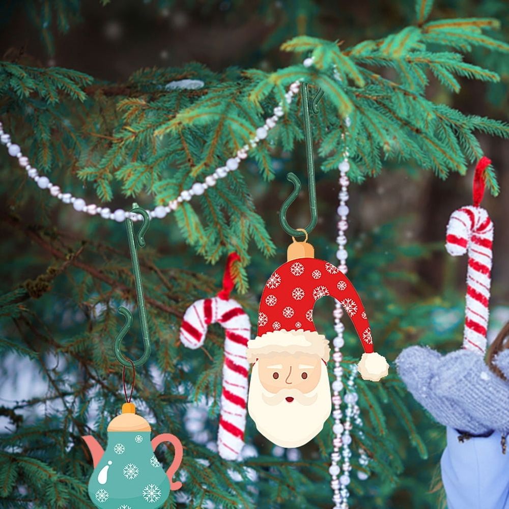 100Pcs Christmas Pendant Hooks Green Plastic Mini Ornament Hangers for Tree