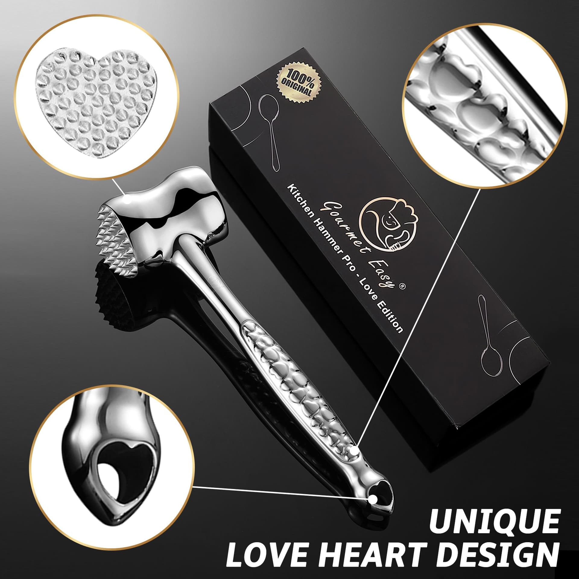 Gourmet Easy Stainless Steel Meat Tenderizer Tool, Meat Mallet, Meat Hammer (Love Edition)