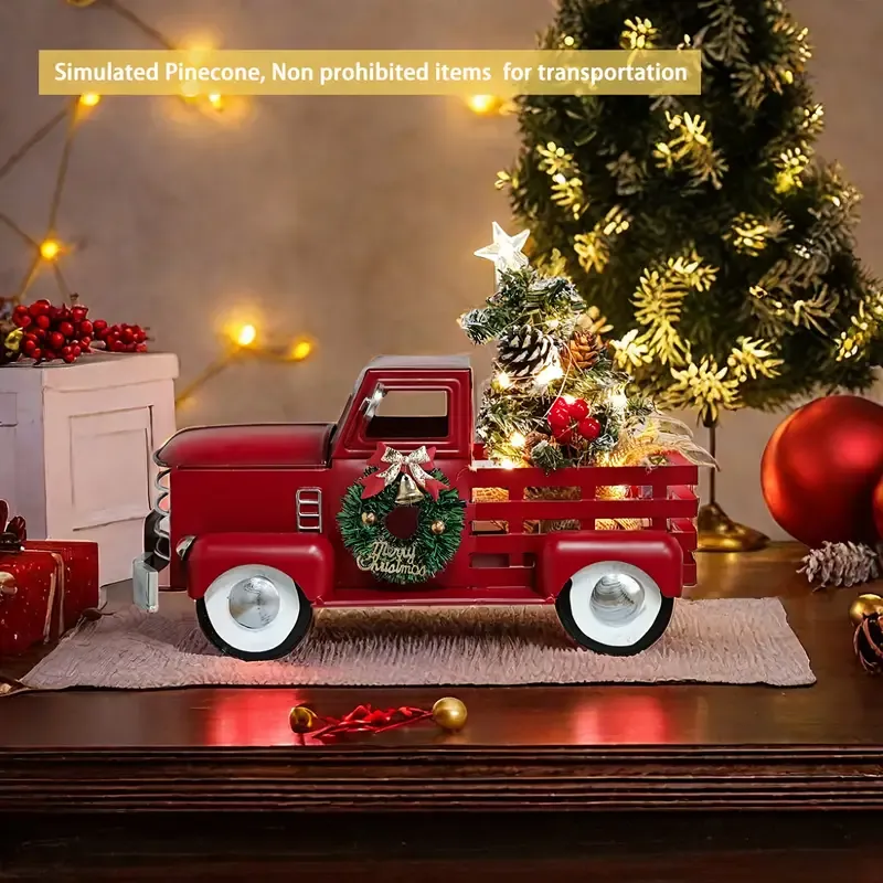 ✨ Vintage Red Christmas Truck Decoration | Warm White LED Lights, Star Tree Topper & Xmas Wreath | Battery Operated Table Centrepiece for Mantel, Entryway & Tree