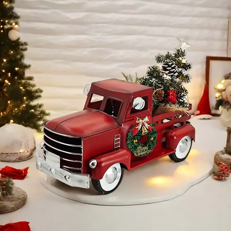 ✨ Vintage Red Christmas Truck Decoration | Warm White LED Lights, Star Tree Topper & Xmas Wreath | Battery Operated Table Centrepiece for Mantel, Entryway & Tree