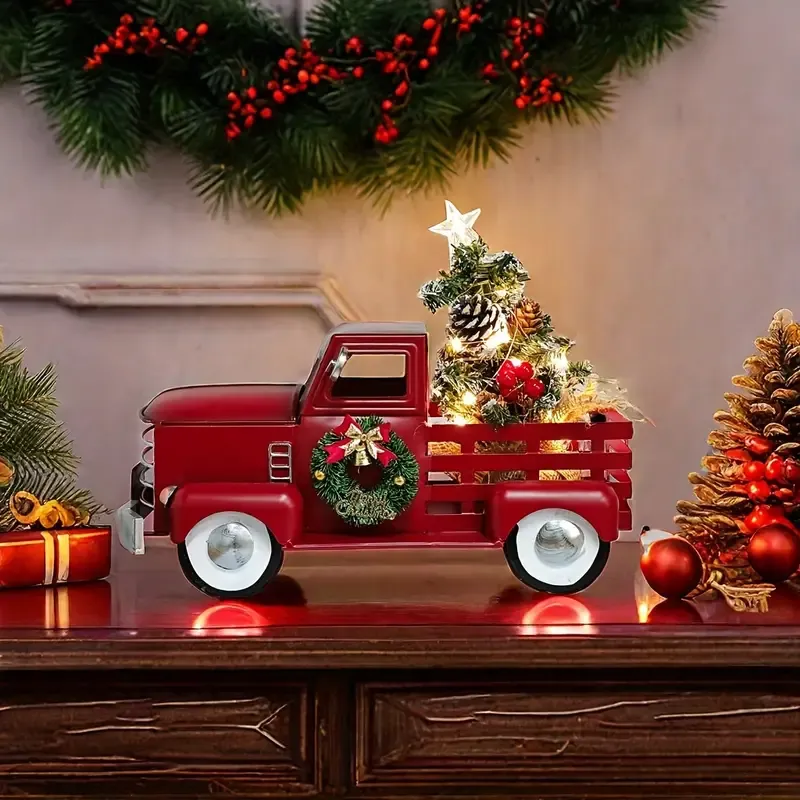 ✨ Vintage Red Christmas Truck Decoration | Warm White LED Lights, Star Tree Topper & Xmas Wreath | Battery Operated Table Centrepiece for Mantel, Entryway & Tree