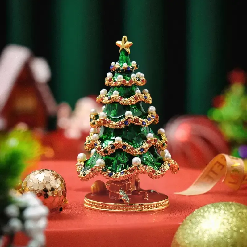 Enamel Christmas Tree Jewelry Box – Rhinestone & Pearl Luxe Desk Decor, Ring & Earring Storage, Perfect for Christmas, Birthdays, Housewarmings, Ideal Gift for Her/green