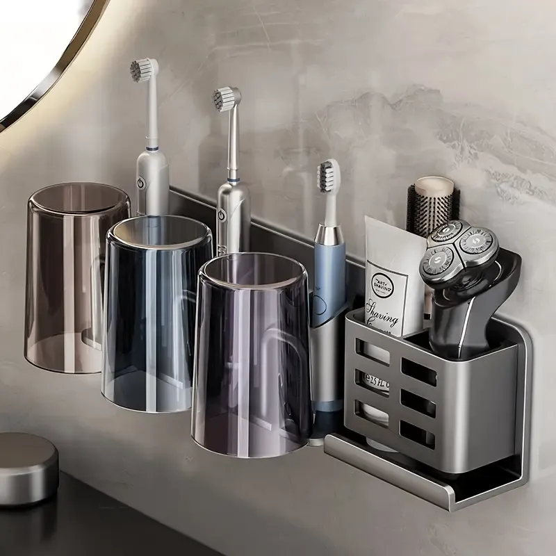✨ 2nd Gen Space Aluminium Toothbrush Holder | Drill-Free PLUS Upgrade | Large Capacity, Bottom Drainage, Strong Adhesive for a Clutter-Free Bathroom!/Four people have no cup money.