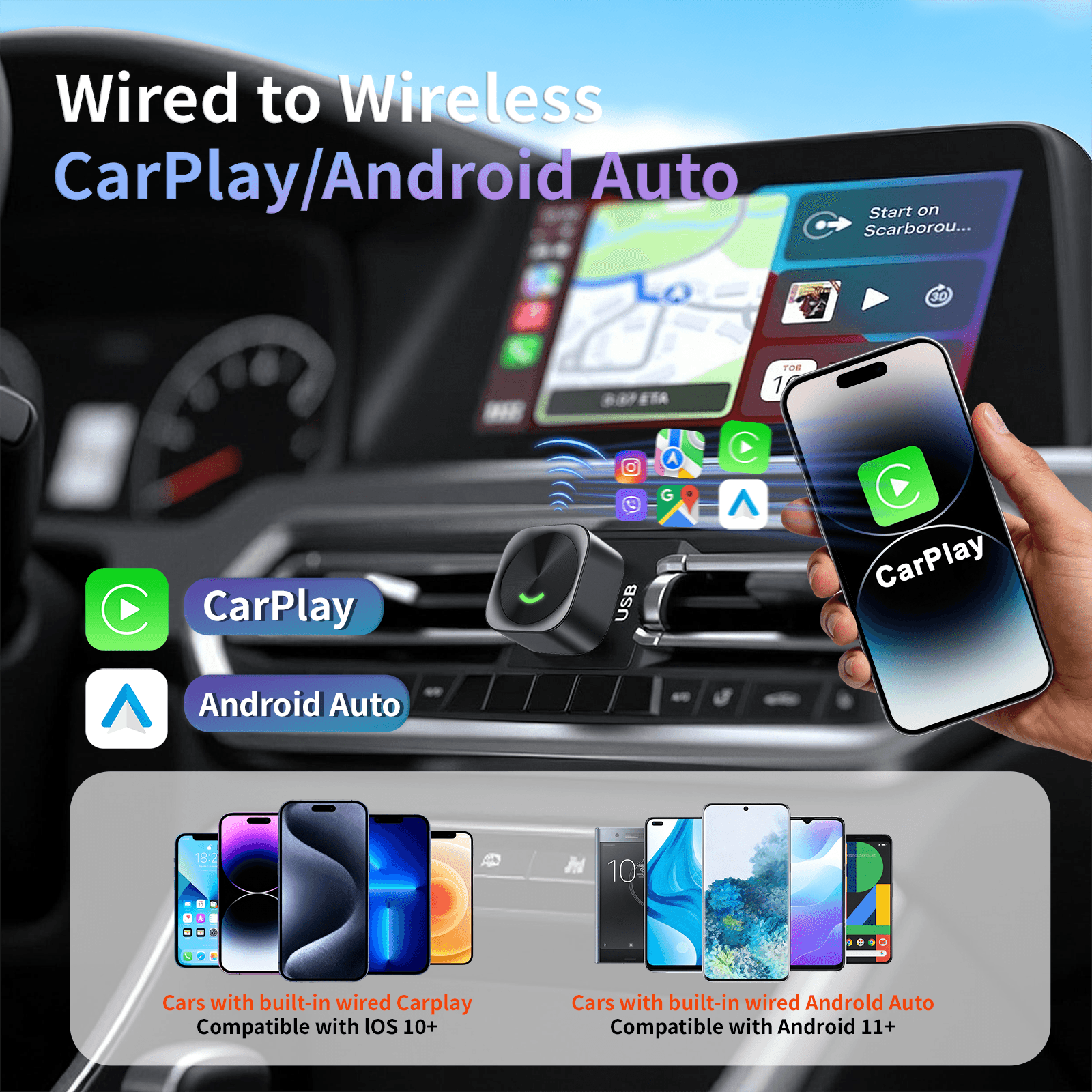 Wireless CarPlay and Android Auto Adapter Plug and Play Compact Design