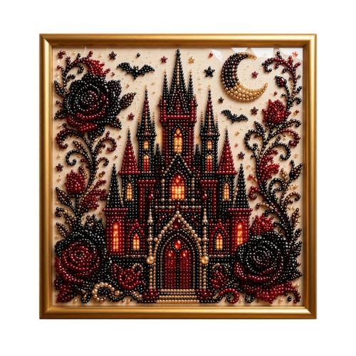 Diamond Art Castle DIY Kit for Halloween, Autumn & Wall Decor, Beginners & Adults (Red and Black)