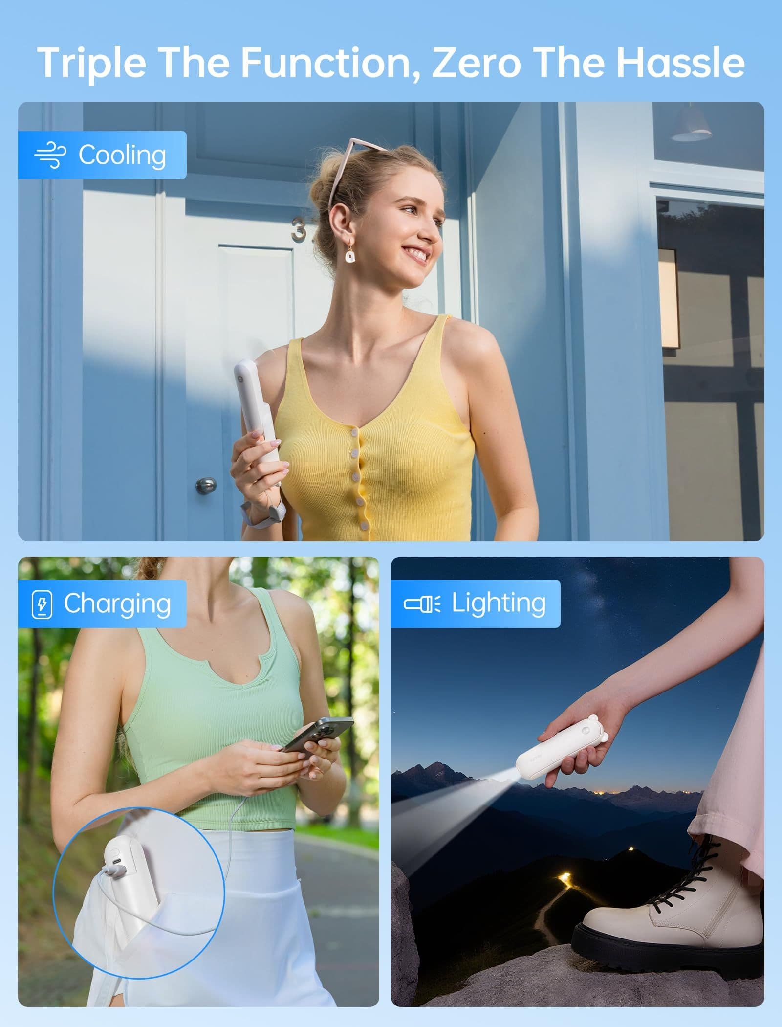 3-in-1 Portable Handheld Fan with Power Bank & Light, Ideal for Travel, Concerts & Summer Outings (white)