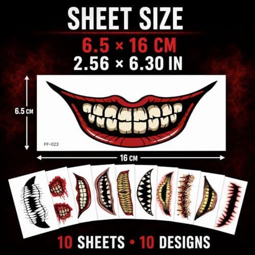 Temporary Tattoos Horror Mouth 10 Piece Red