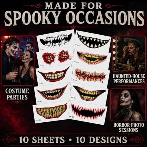 Temporary Tattoos Horror Mouth 10 Piece Red