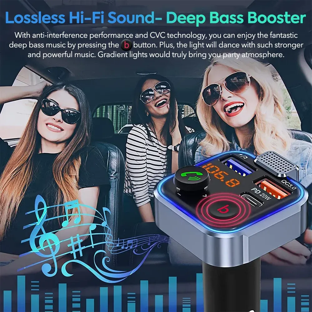 Bluetooth 5.0 FM Transmitter Car Adapter with PD 20W Fast Charger and Dual USB Ports in Black