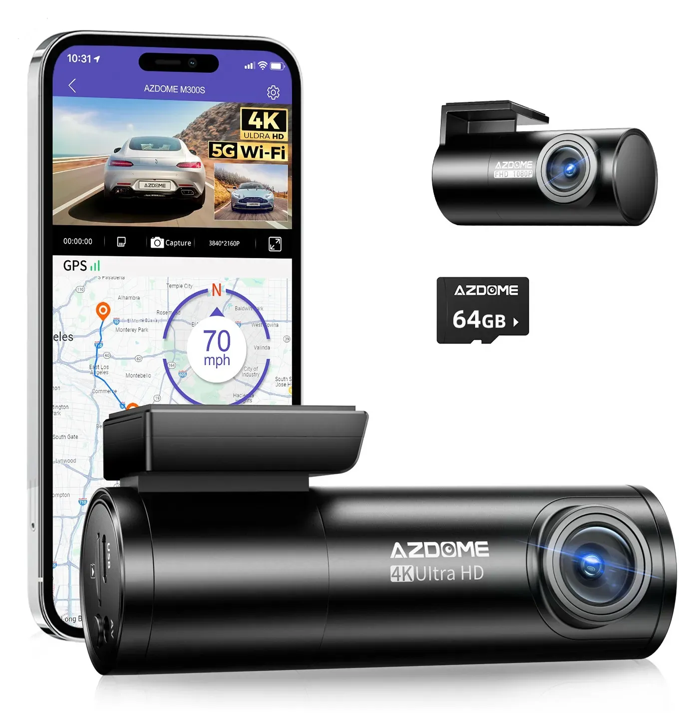 4K Black Dash Cam with 5.8GHz WiFi, GPS, Front & Rear Recording, 24-Hour Parking Mode, 64GB Card