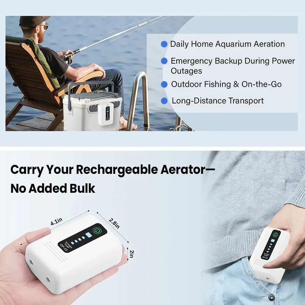 Aquarium Oxygen Pump Black USB Rechargeable Air Pump for Fish Tanks and Bait Buckets with 2 Outlets