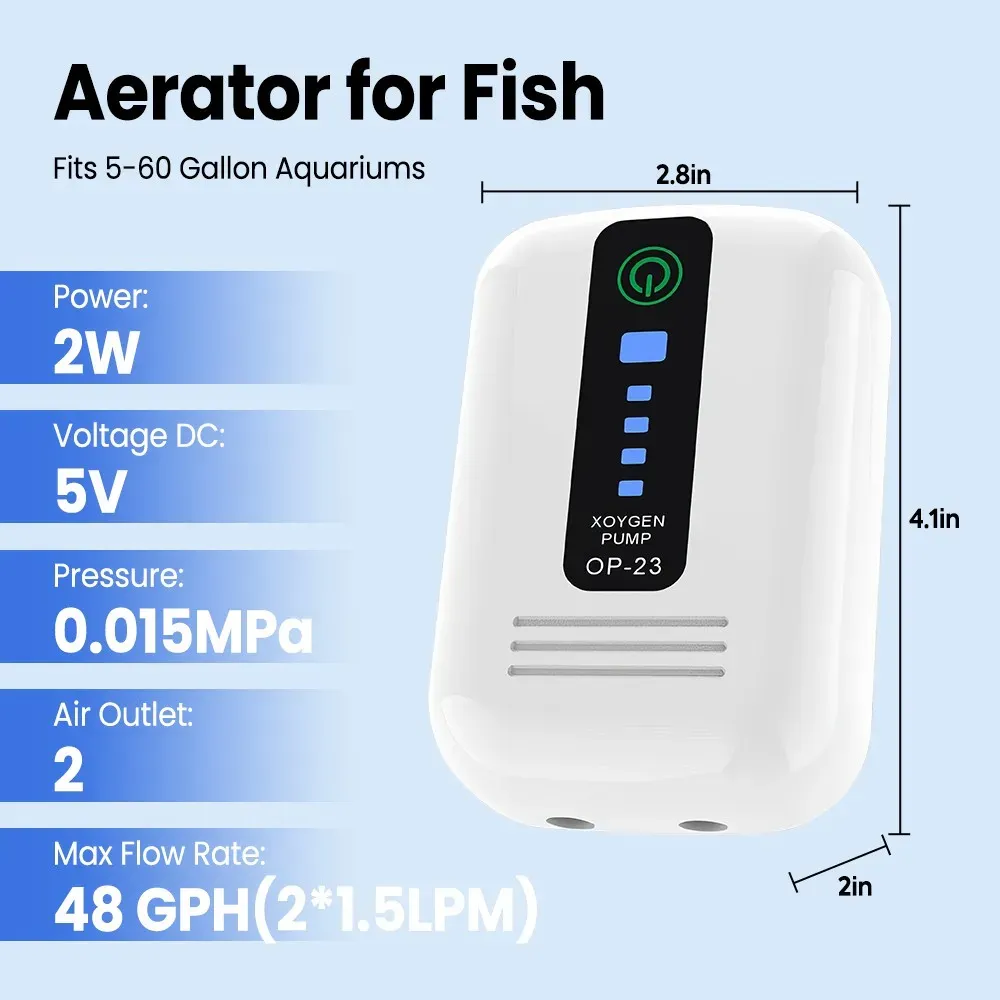 Aquarium Oxygen Pump Black USB Rechargeable Air Pump for Fish Tanks and Bait Buckets with 2 Outlets