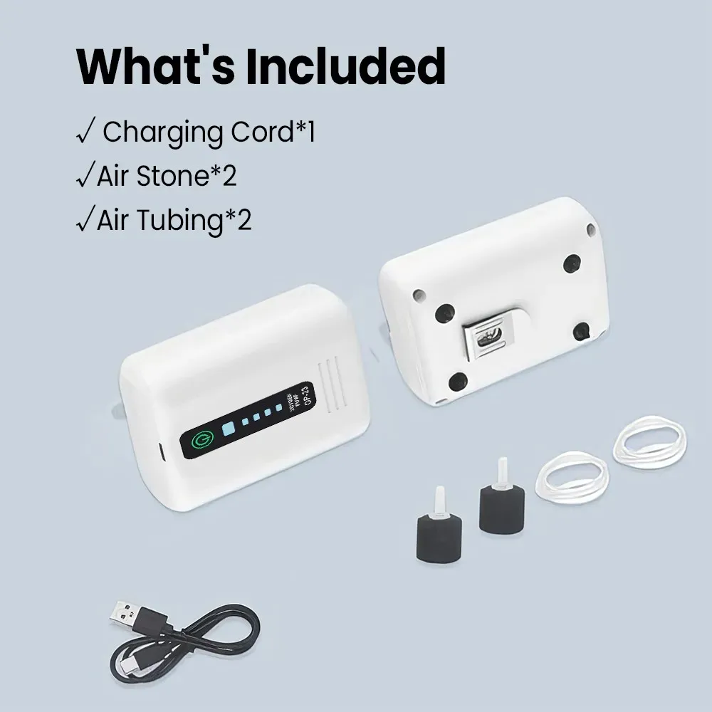 Aquarium Oxygen Pump Black USB Rechargeable Air Pump for Fish Tanks and Bait Buckets with 2 Outlets