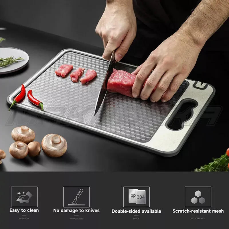 Titanium Double-Sided Cutting Board, 36.5x25cm, Silver, Stainless Steel for Kitchen and Camping