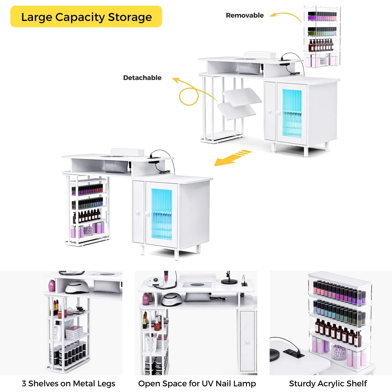 LED Manicure Table with Dust Collector and Charging Station in White