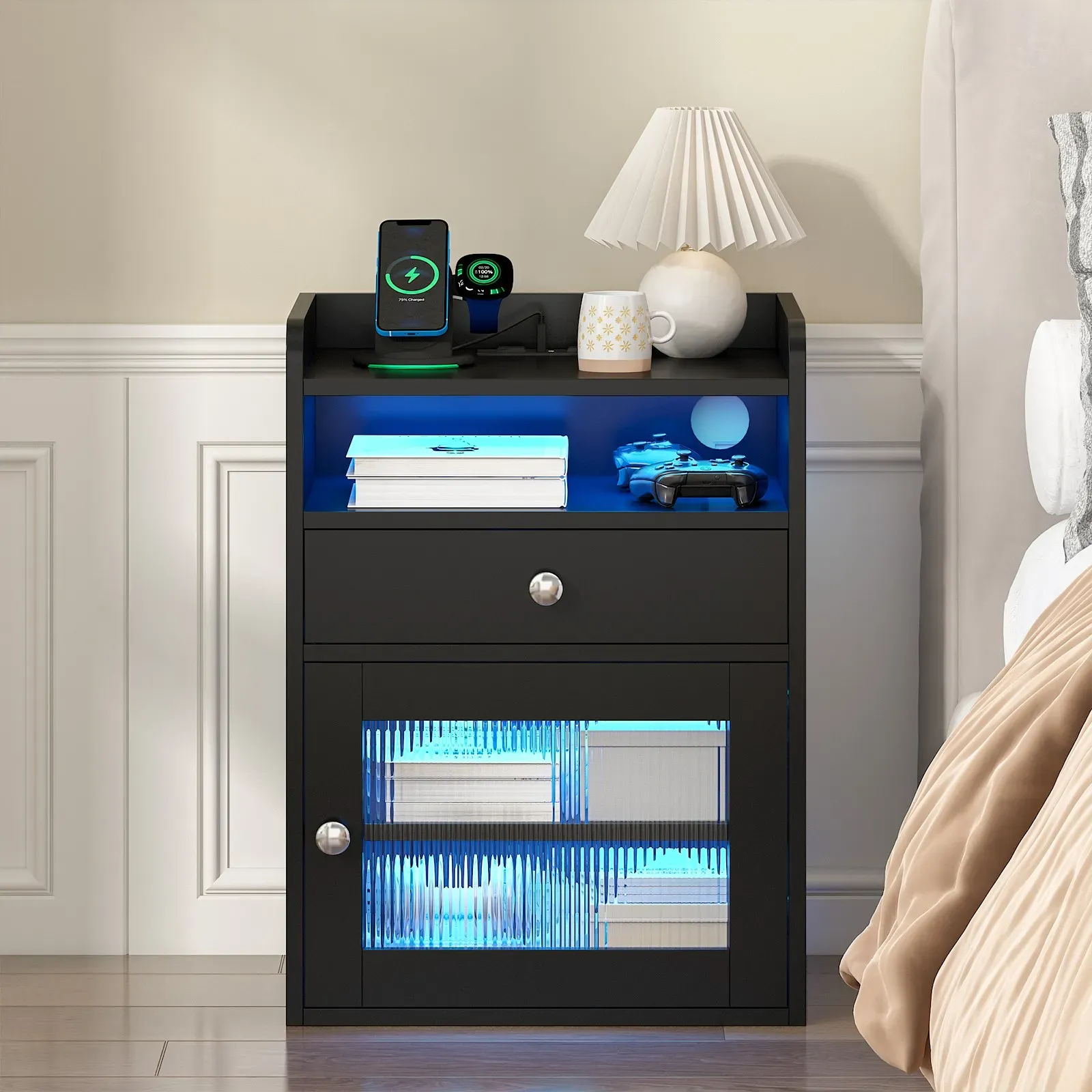 Black Bedside Table with Acrylic Door, Charging Station and RGB LED Light