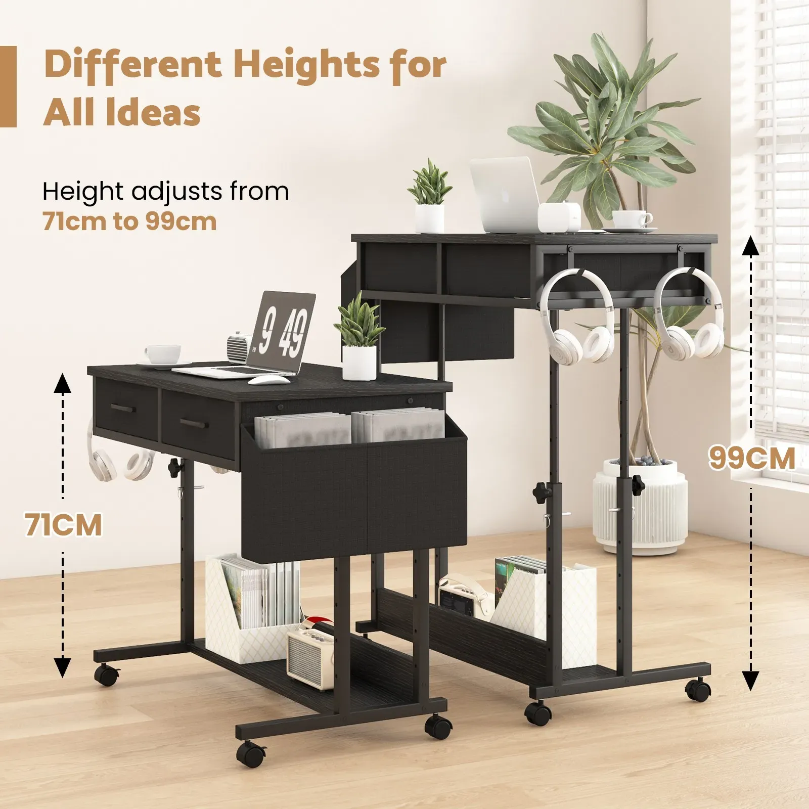 Small Portable Black Rolling Standing Desk with Wheels 80 x 48cm