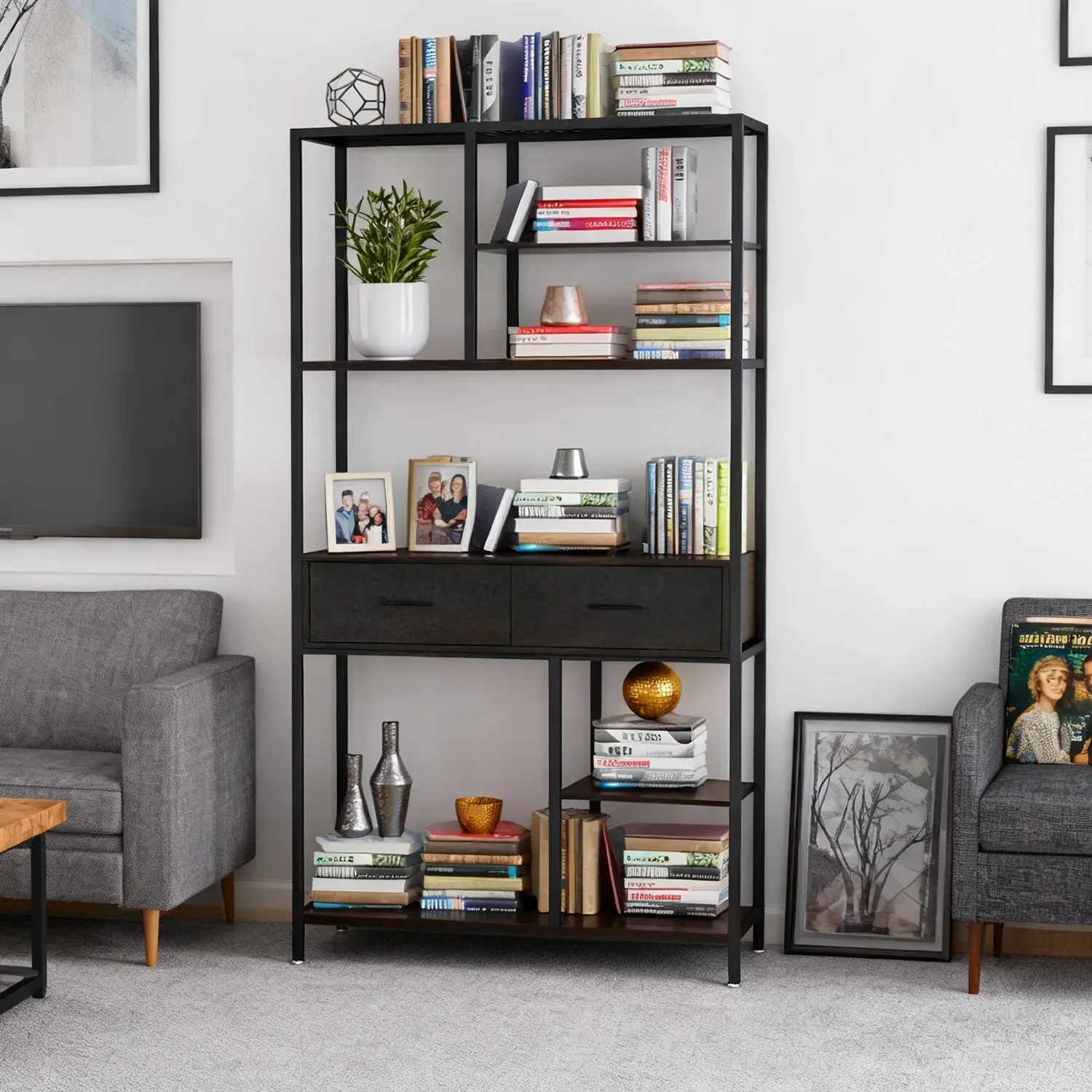 Metal Bookcase With Drawers, Dark Walnut & Black, 90x30x180cm, 6 Shelves