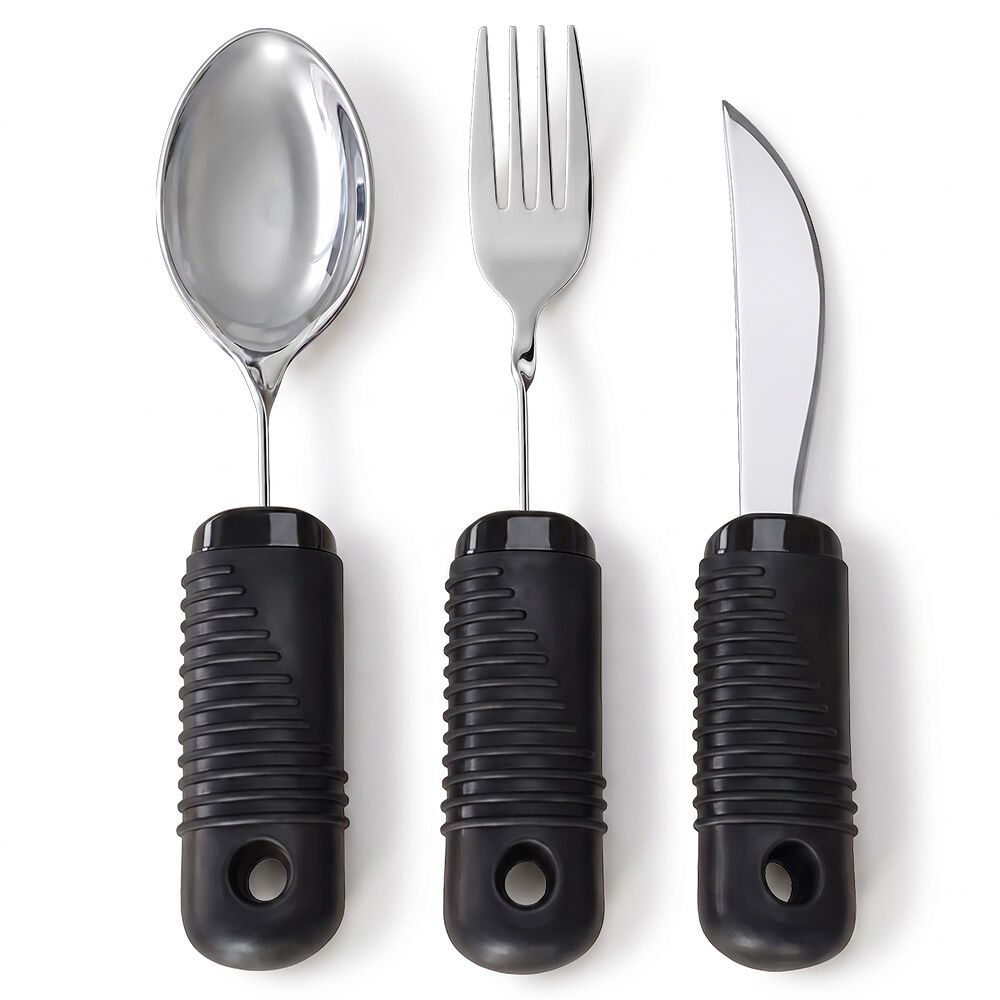 EQUIPMED Adaptive Non-slip Grip Cutlery Set, Bendable Fork and Spoon, Curved Easy Cut Knife, Large Ergonomic Handles, Arthritis & Limited Dexterity Eating Aid