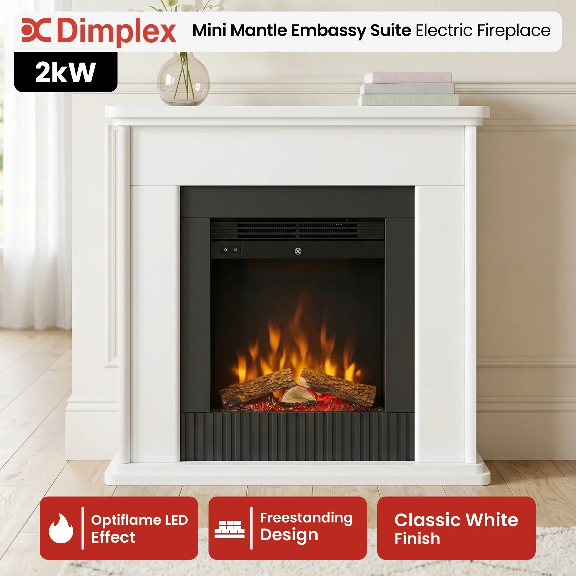 Dimplex Embassy 2kW Mini Mantle Electric Fireplace Suite, Freestanding Optiflame LED Flame Effect Heater, White