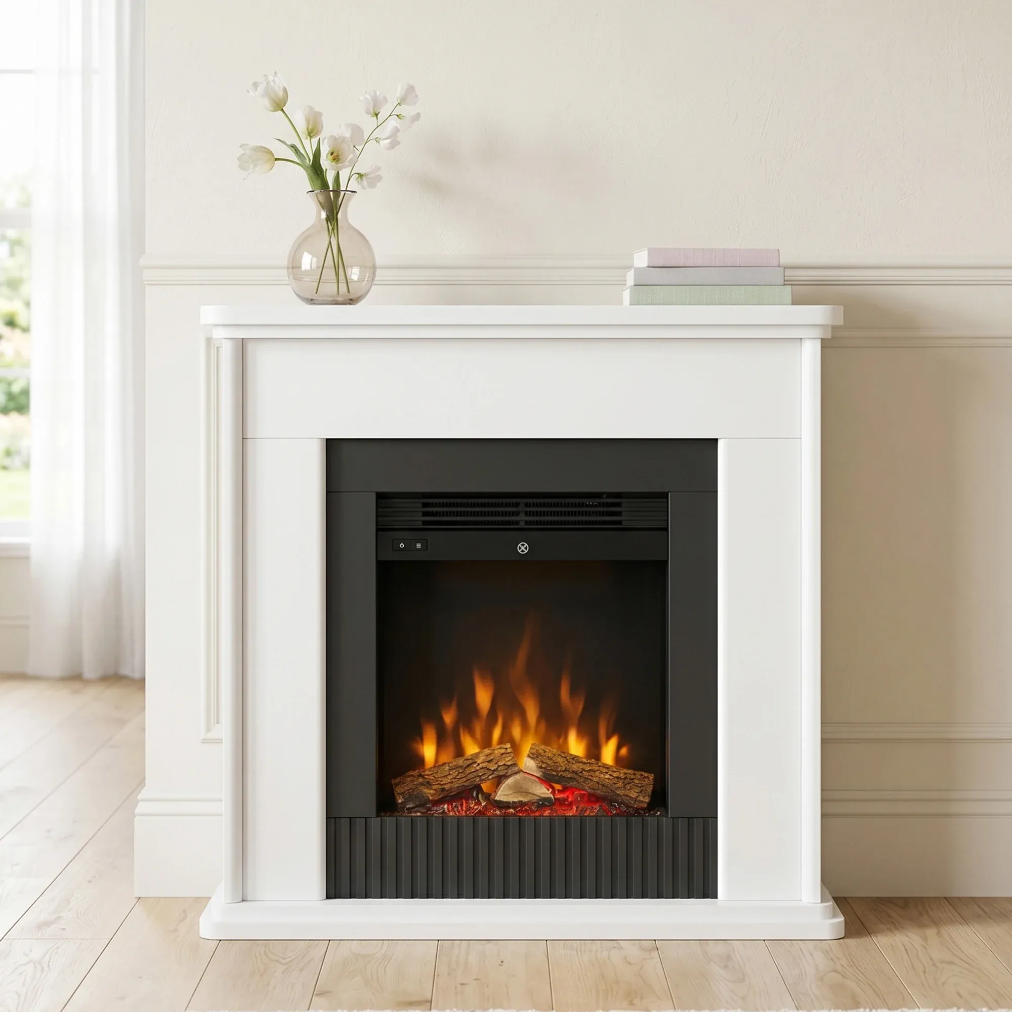 Dimplex Embassy 2kW Mini Mantle Electric Fireplace Suite, Freestanding Optiflame LED Flame Effect Heater, White