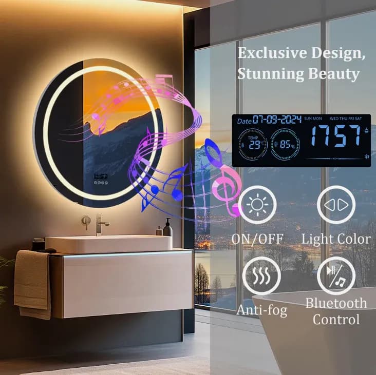 Bathroom Mirror Bluetooth LED 80cm Round Frameless Touchscreen Anti-Fog Adjustable Brightness