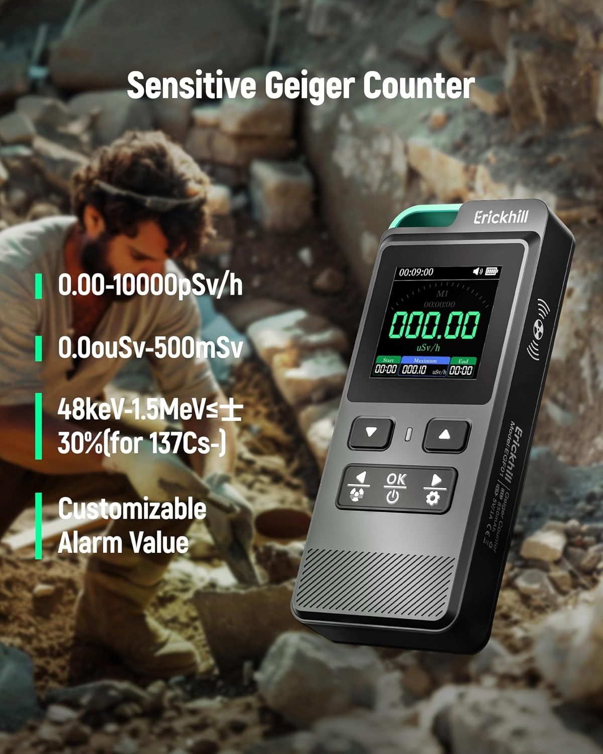 ERICKHILL 3 in 1 EMF Detector, Electromagnetic Field Radiation Detector for EF, RF, MF, WiFi,5G Signal,Triple Alarm Modes, Type-C Charging, EMF Meter for Home, Office, and Paranormal Investigation