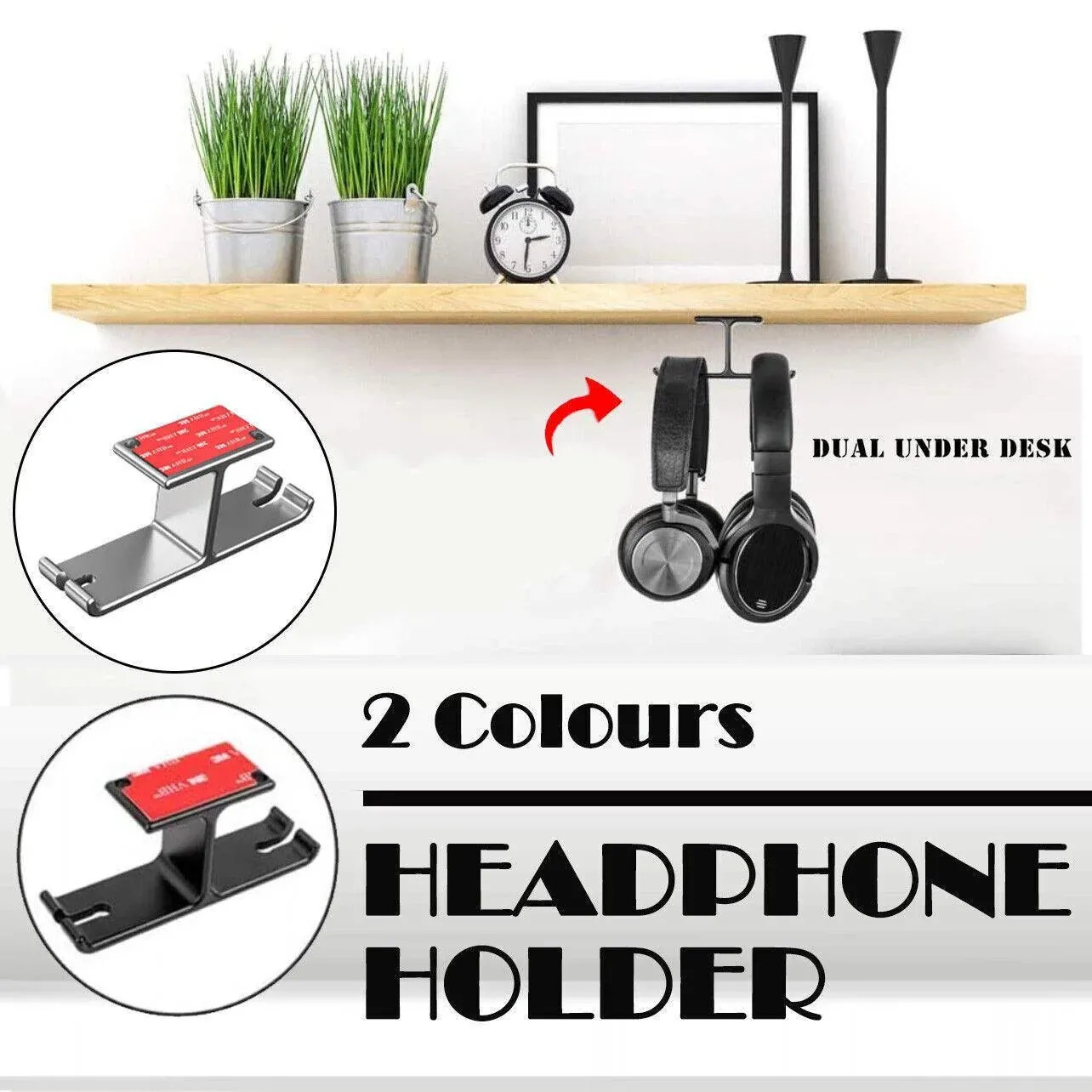 Universal Dj Headphone Pc Hanger Hook Tape Under Desk Dual Headset Mount Holder - Silver