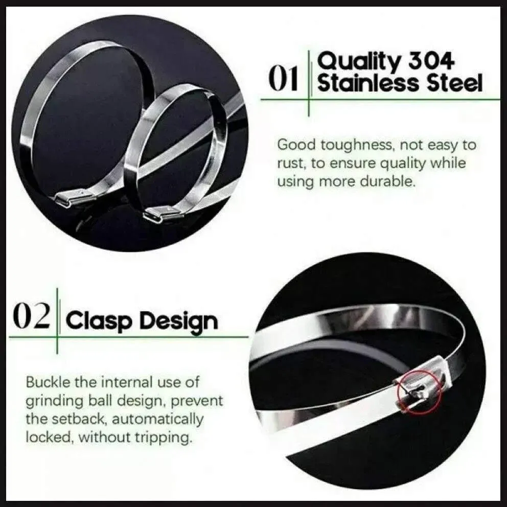 100x Stainless Steel Cable Ties SS304 Marine Grade Zip Strap Locking Wrap 100-800mm - 7.9*500mm