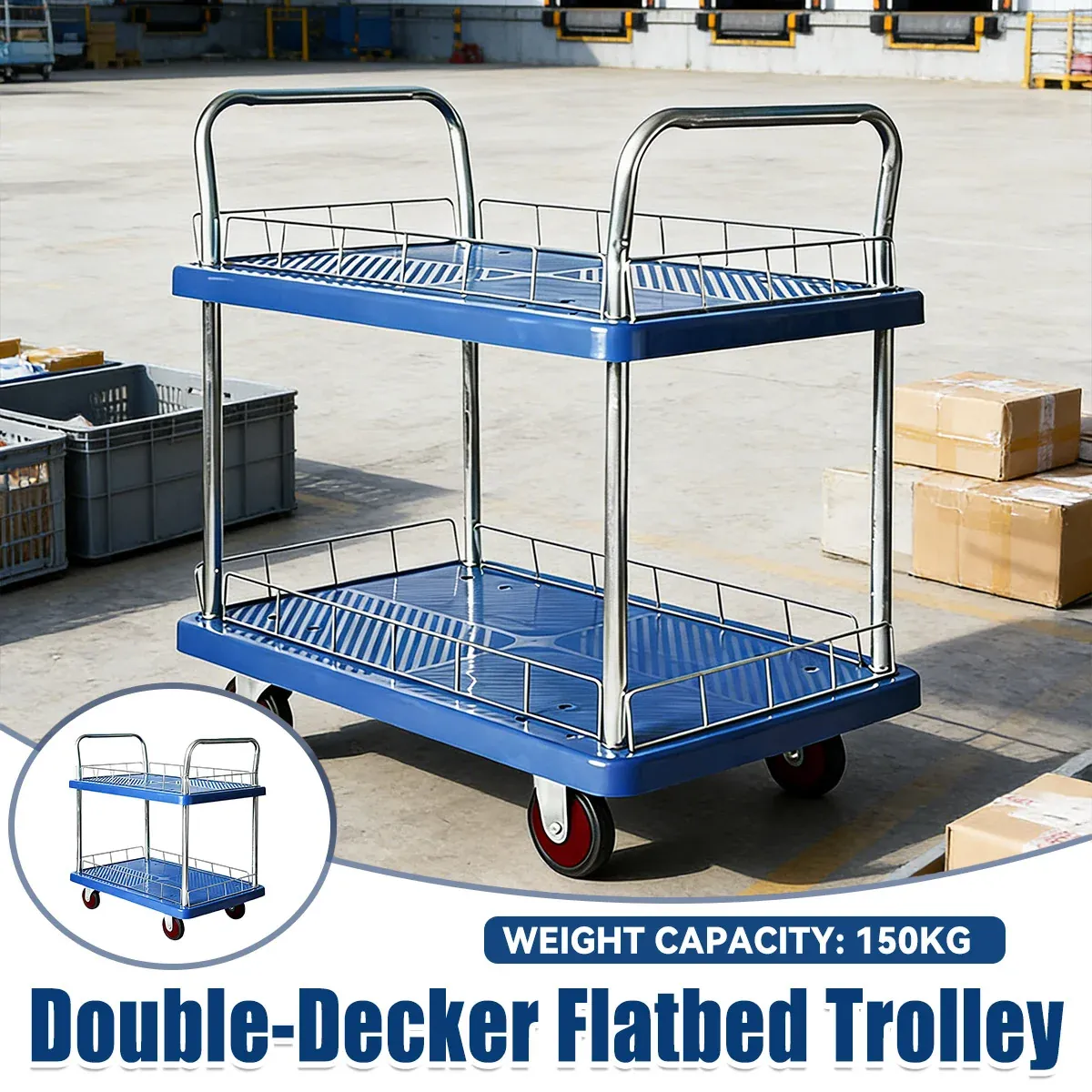 2 Tier Silent Flatbed Trolley with Double Handle for Moving Warehouse Transport