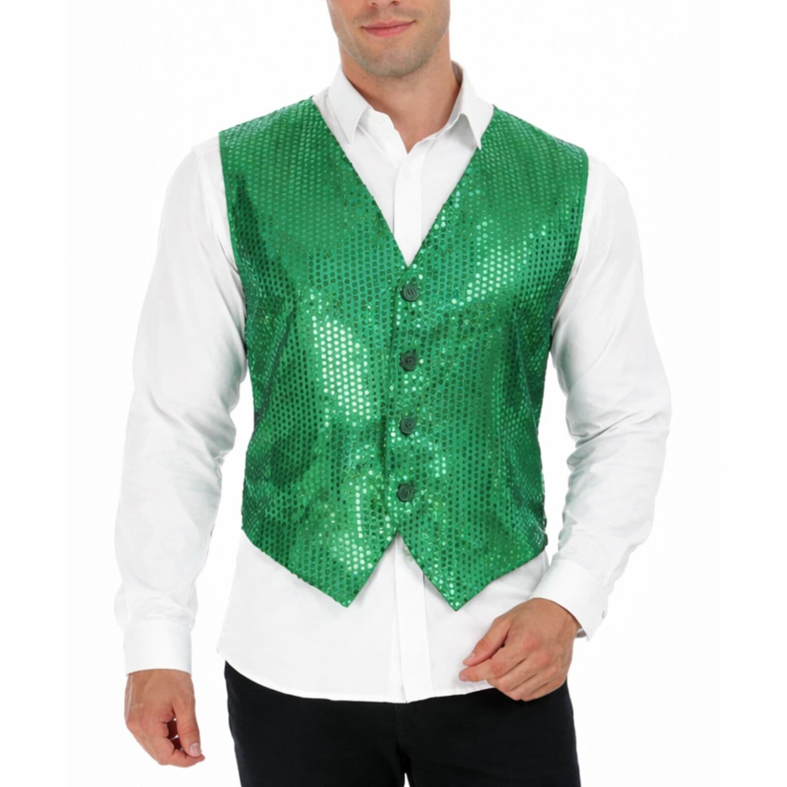 Mens Sequin Vest Disco Sparkle Waistcoat Costume One Size Green