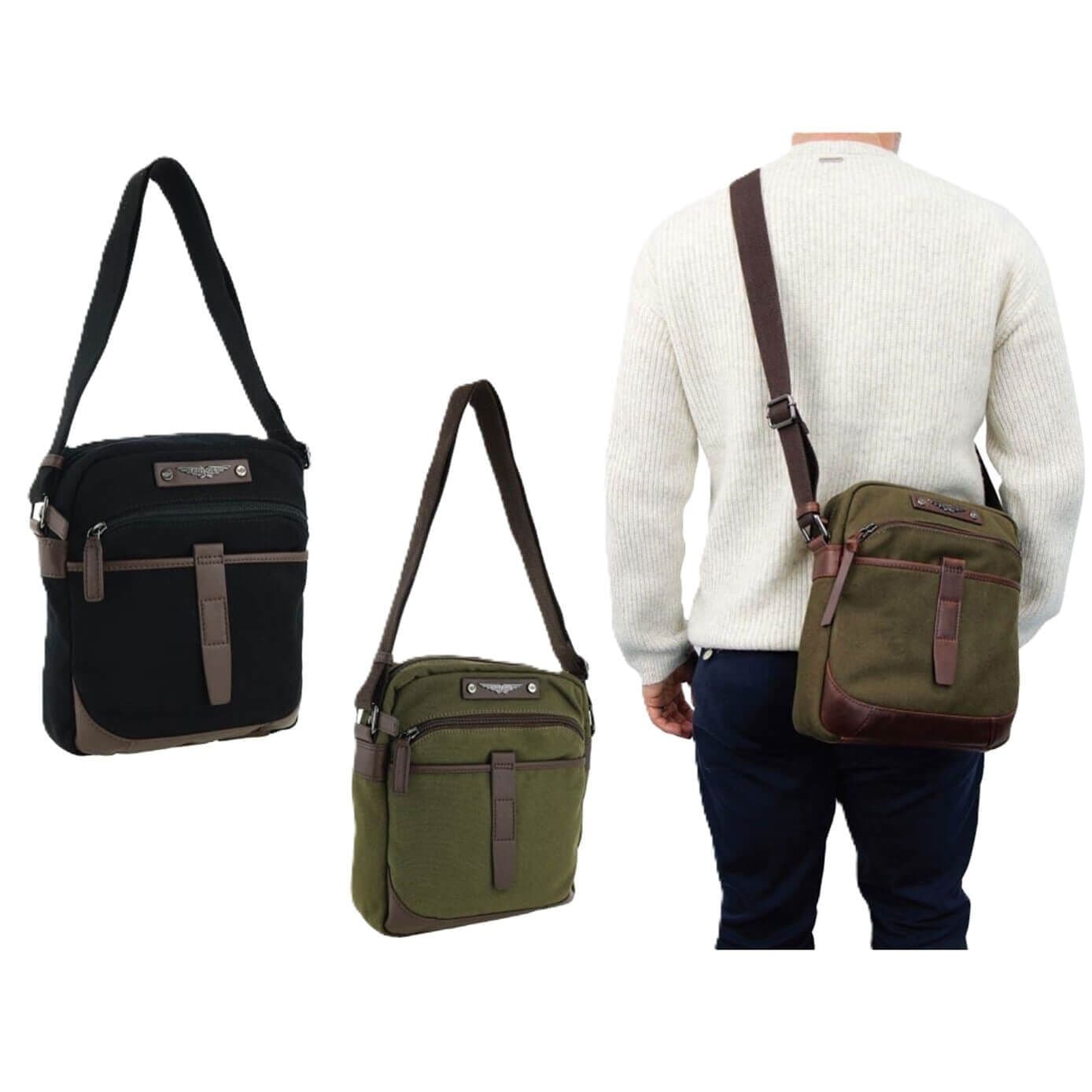 Men's Canvas Crossbody Bag Zipped Main Compartment Adjustable Shoulder Strap Black