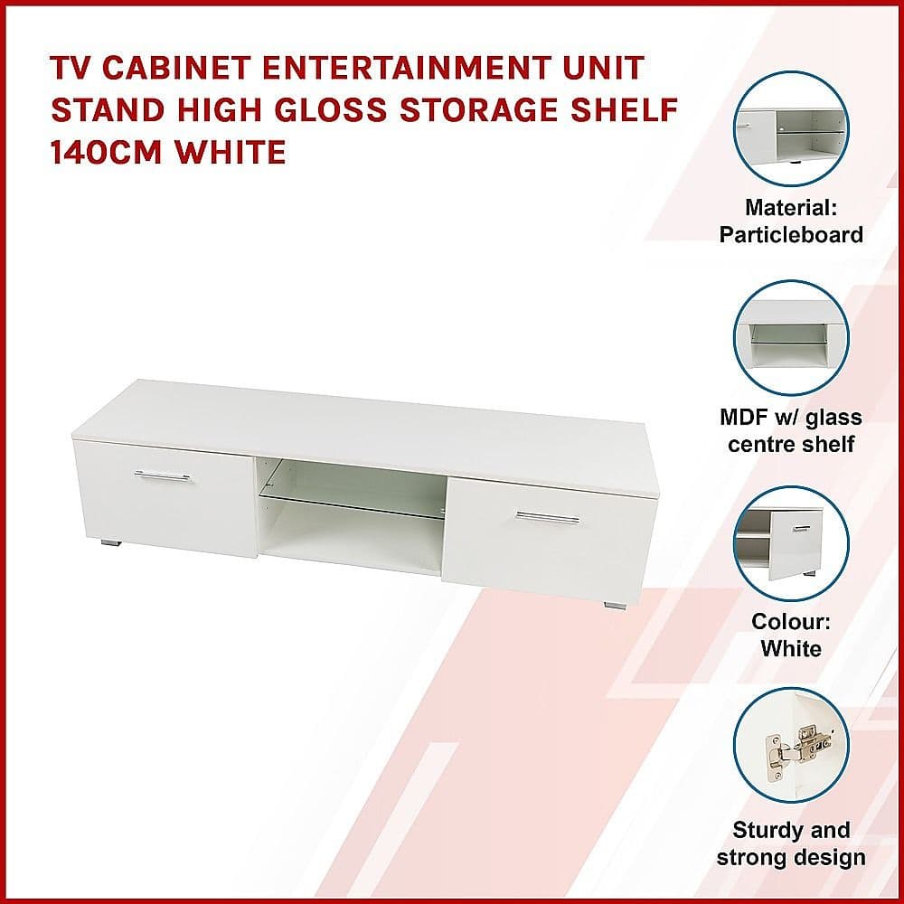 TV Cabinet Entertainment Unit High Gloss Storage Shelf 140cm White