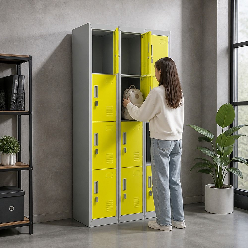 12-Door Steel Locker – Grey with Yellow Door, Padlock-operated
