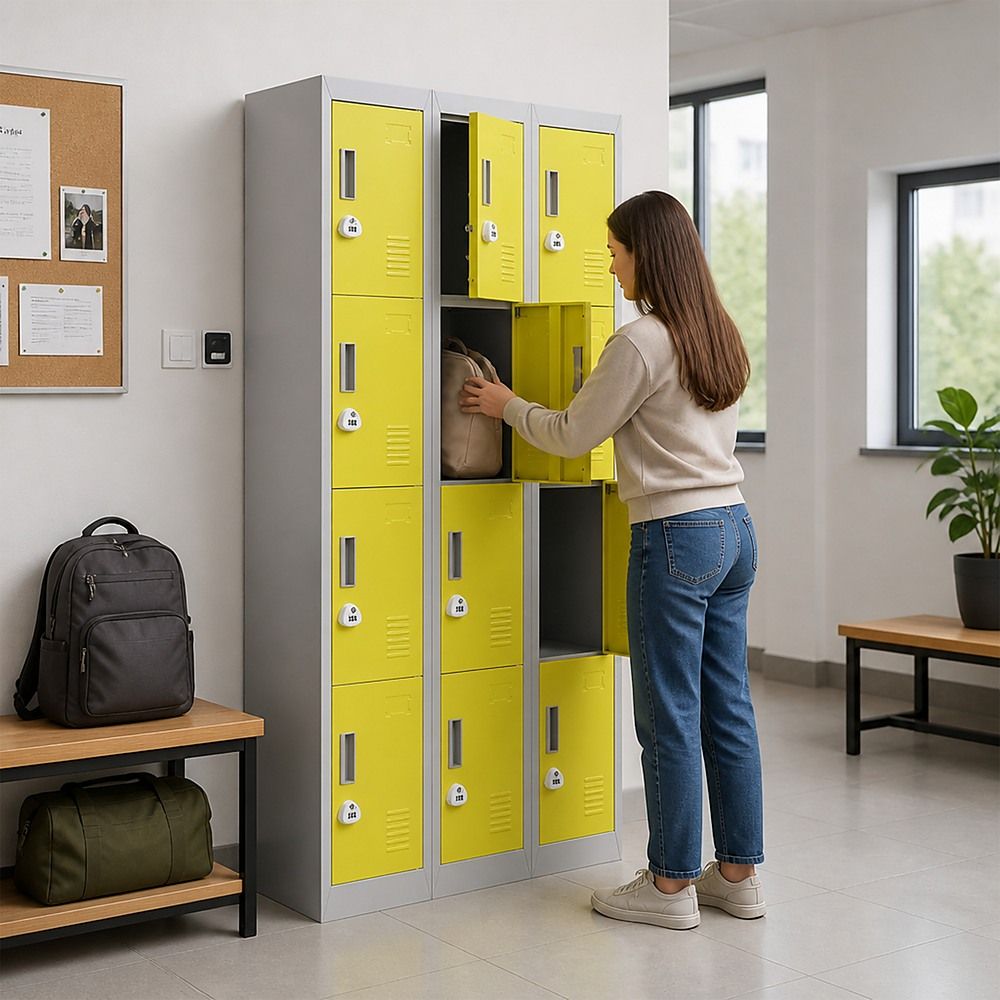 12-Door Steel Locker – Grey with Yellow Door, 3-Digit Combination Lock