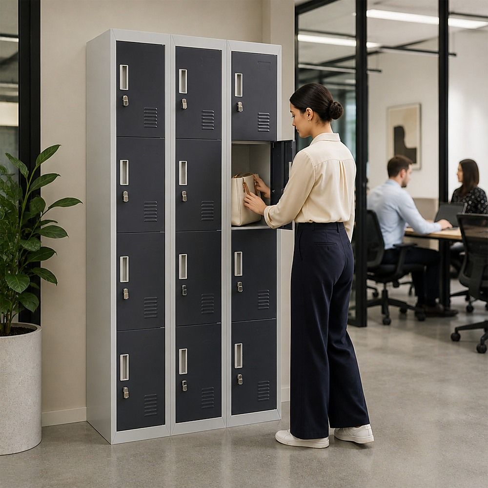12-Door Steel Locker – Grey with Charcoal Door, Padlock-operated