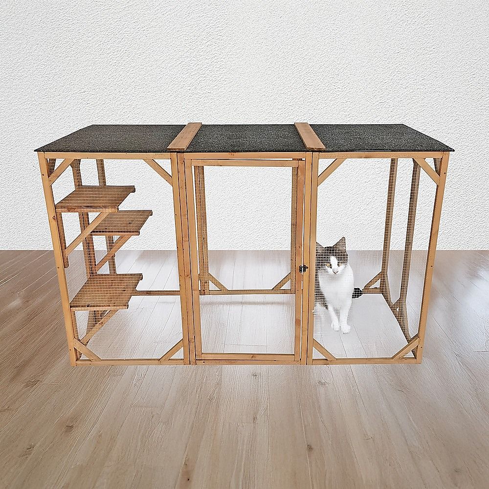 180cm Large Wooden Cat Enclosure Outdoor Cat Cage with 3 Platforms & Weatherproof Roof