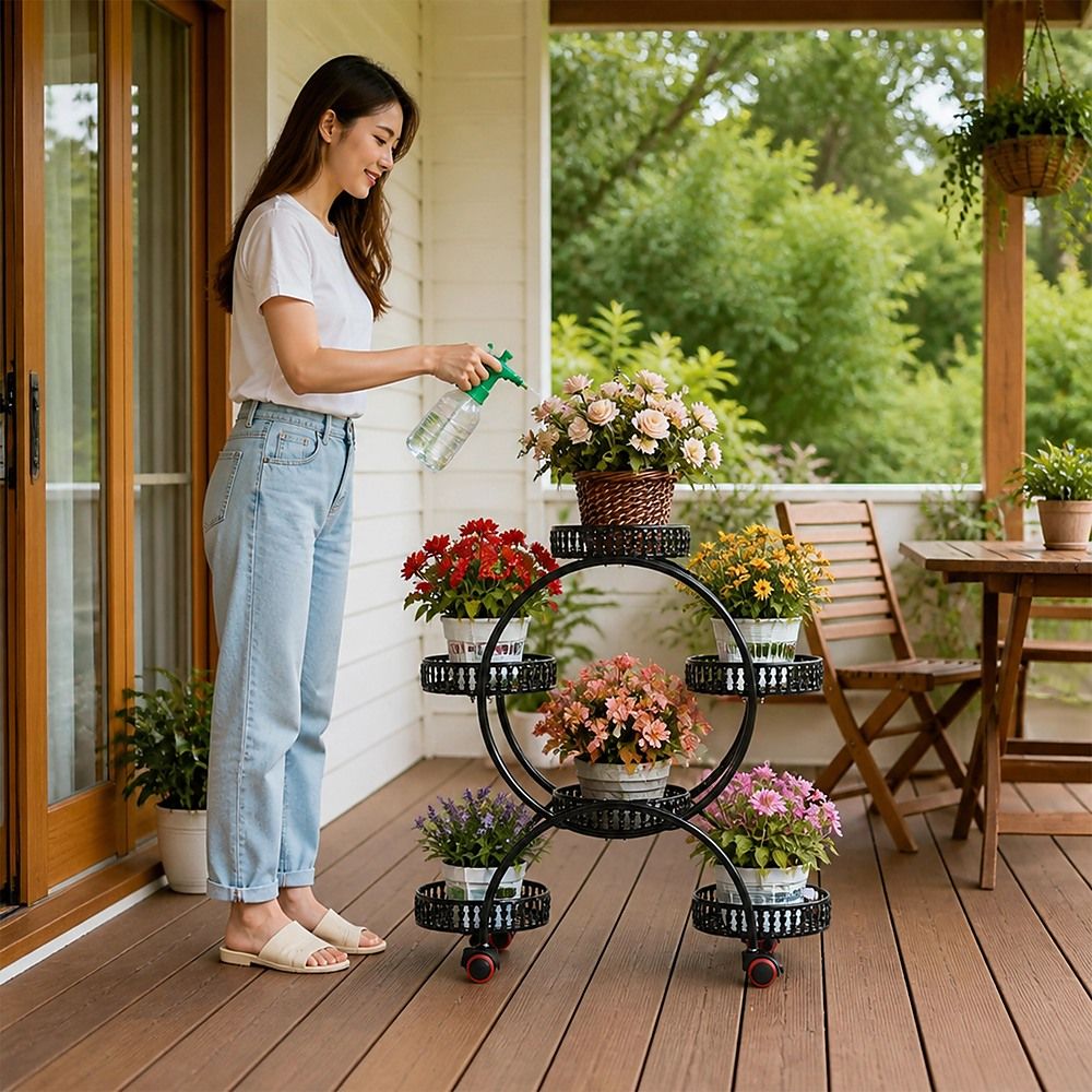 6 Pot Plant Stand with Wheels 4 Tier Rolling Plant Shelf Flower Display Rack Black