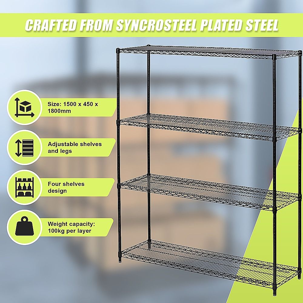 Wire Storage Rack – 150x45cm Black Shelving with Fixed Legs